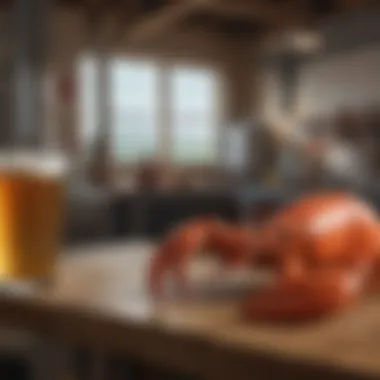 A scenic view of a craft brewery with lobster beer on display.