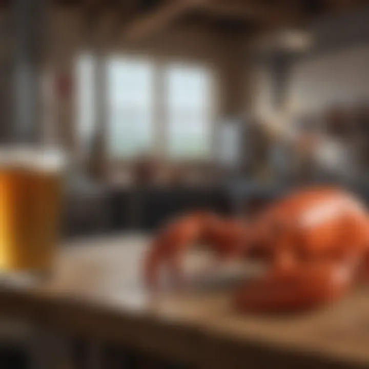 A scenic view of a craft brewery with lobster beer on display.