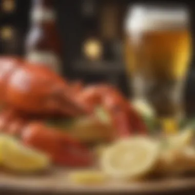 Close-up of lobster beer with fresh lobster tails in the background.