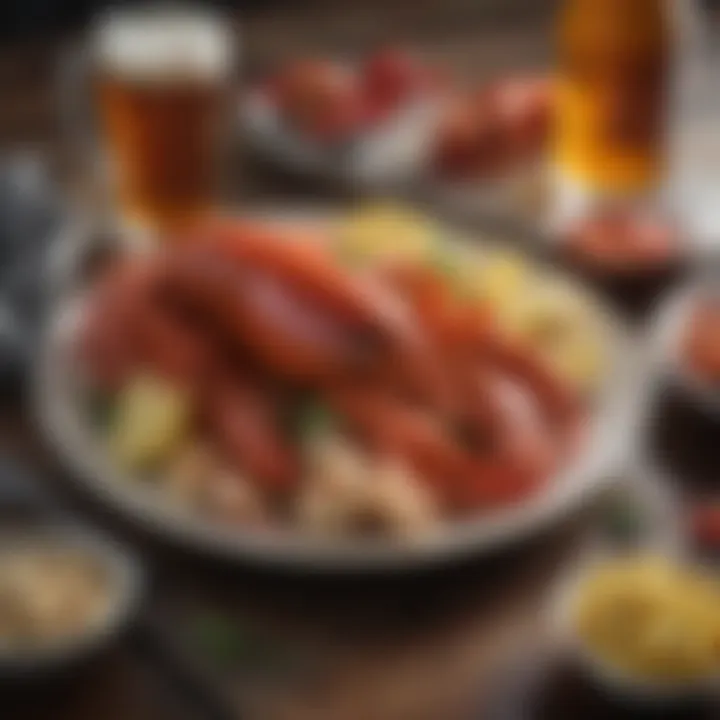 Artfully arranged seafood platter alongside lobster beer.