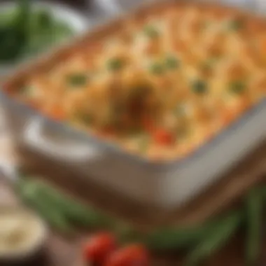 A rich and cheesy casserole with layers of vegetables and protein, embodying the essence of comfort food.