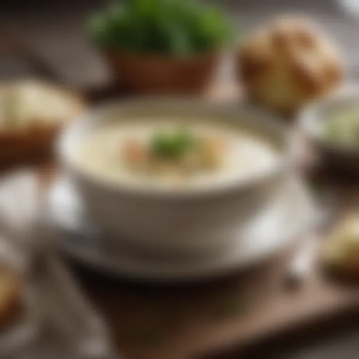 A bowl of creamy cauliflower soup garnished with herbs, showcasing a low carb comfort dish.