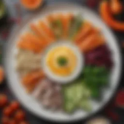 A vibrant assortment of colorful low-carb vegetables and dips arranged artfully on a platter.