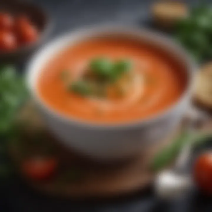 A vibrant bowl of low salt tomato soup garnished with fresh herbs.