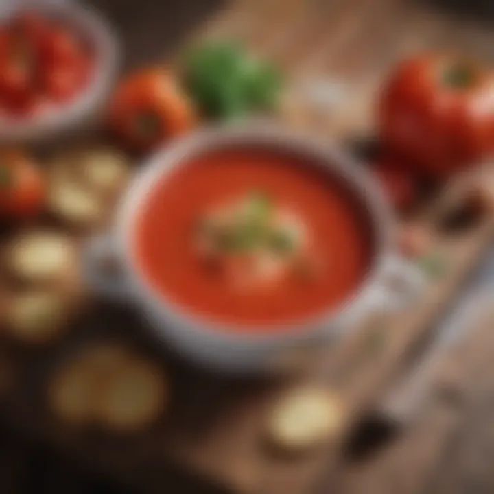 Ingredients for low salt tomato soup displayed on a rustic wooden table.