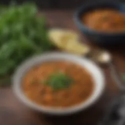 A vibrant bowl of cooked madras lentils garnished with herbs