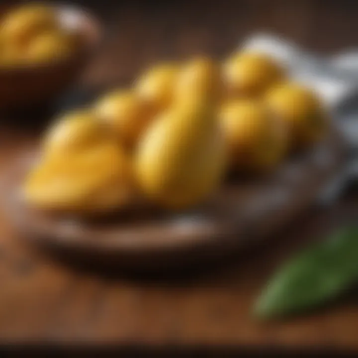 Close-up of fresh mangoes on a wooden table