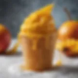 Vibrant mango syrup drizzling over a snow cone