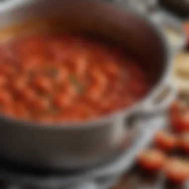 Simmering tomato sauce in a pot