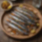 An assortment of Mediterranean style sardines served on a rustic platter