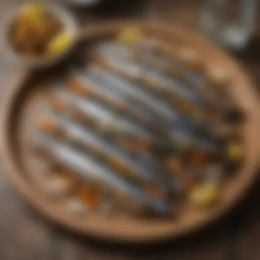 An assortment of Mediterranean style sardines served on a rustic platter