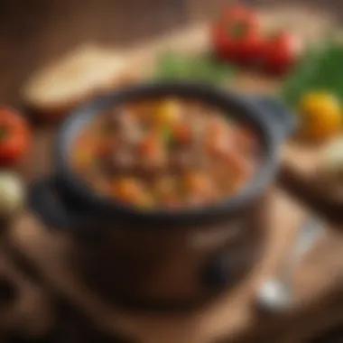 A close-up of a flavorful stew simmering in a miniature crock pot