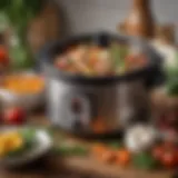 A beautifully arranged miniature crock pot surrounded by fresh ingredients