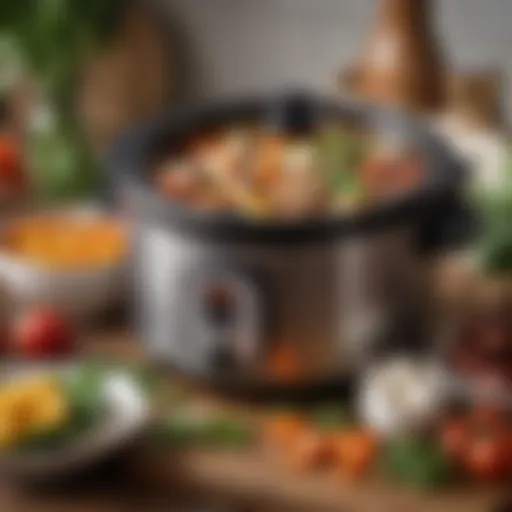 A beautifully arranged miniature crock pot surrounded by fresh ingredients