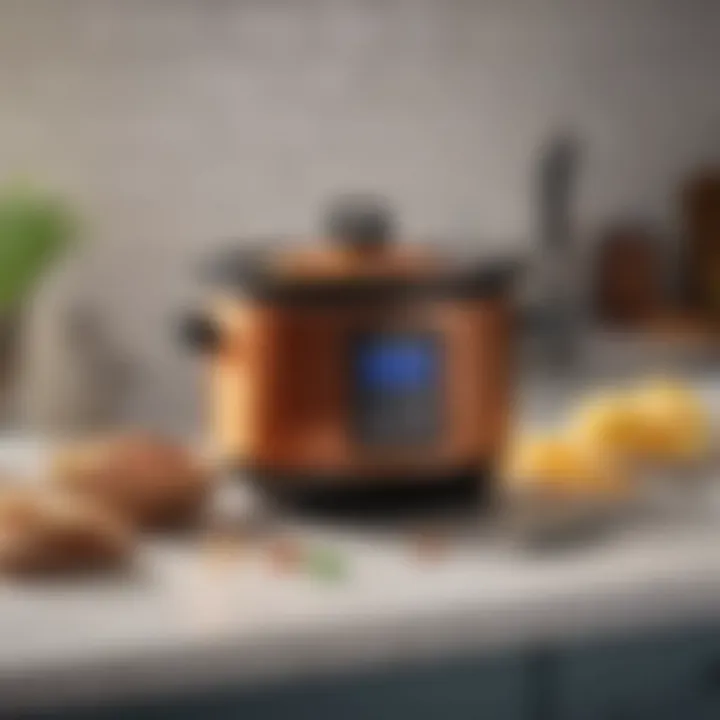 A stylish kitchen featuring a miniature crock pot in use