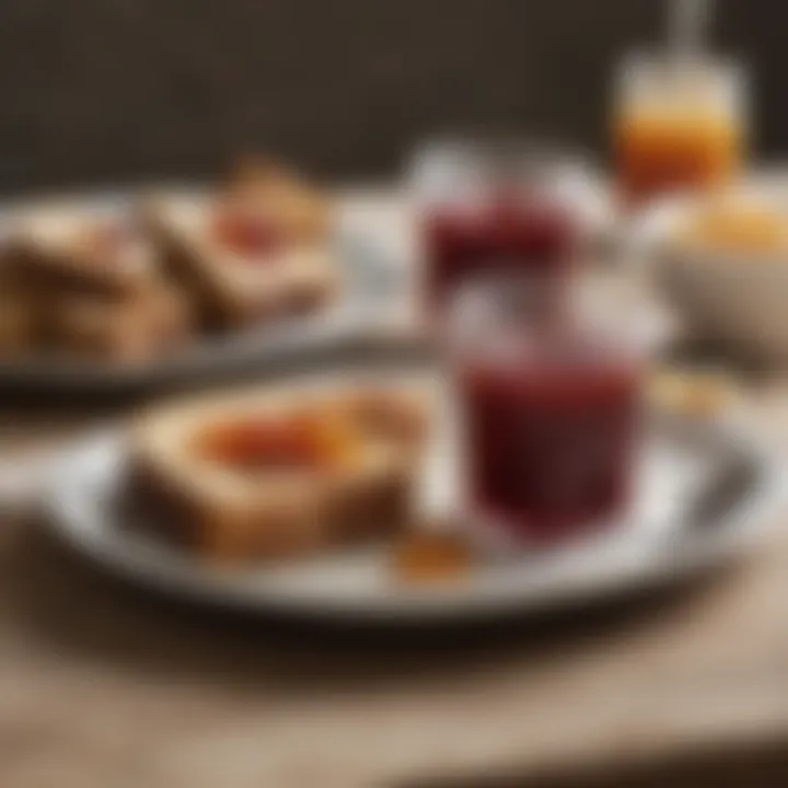 A beautifully set breakfast table featuring muscadine jelly alongside toast and butter, emphasizing its culinary versatility.