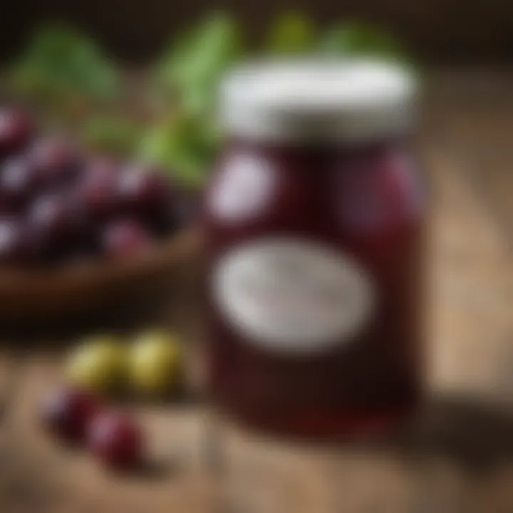 A jar of muscadine jelly placed on a rustic wooden table, highlighting its rich color and glossy texture.