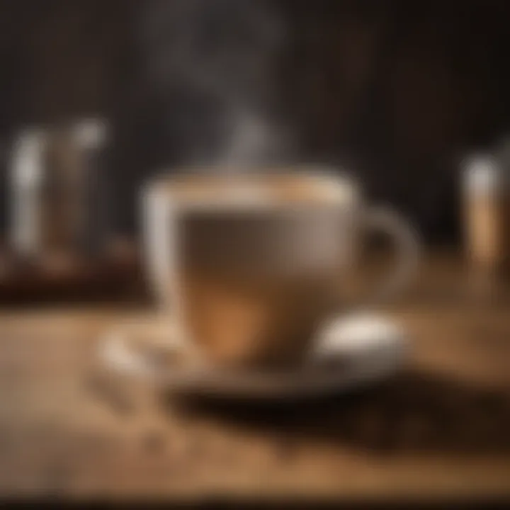 A steaming cup of natural decaf coffee placed on a rustic wooden table