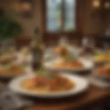 A beautifully arranged table setting at Olive Garden featuring pasta dishes and a cozy ambiance