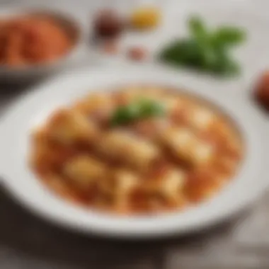 A classic dish featuring paccheri pasta with rich tomato sauce and fresh basil