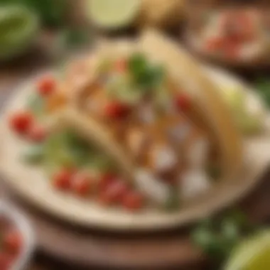 Flavorful Fish Taco Creation A close-up of a delicious fish taco garnished with fresh toppings and herbs.
