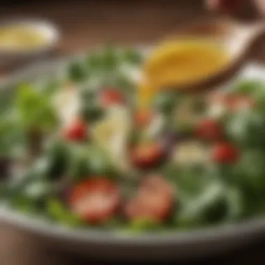 Savory Dressing Enhancing Fresh Ingredients Close-up of a salad dressing drizzled over fresh greens and toppings
