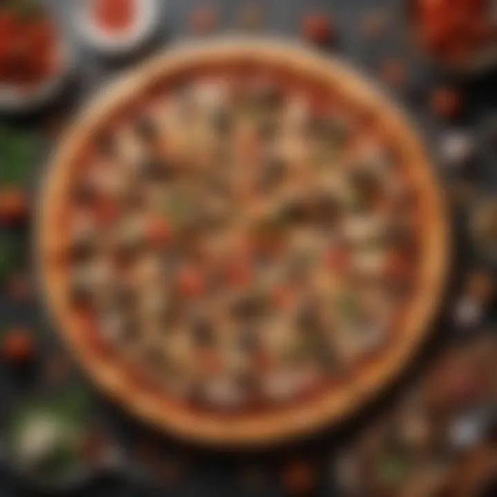 A beautifully arranged pizza garnished with complementary toppings alongside mushrooms