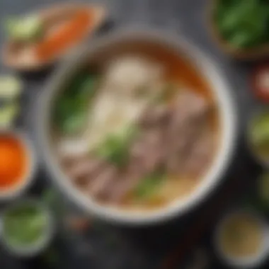 A steaming bowl of pho, rich with herbs and spices, representing traditional Vietnamese flavors.