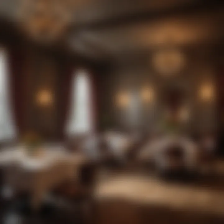 Elegant restaurant interior with ambient lighting.