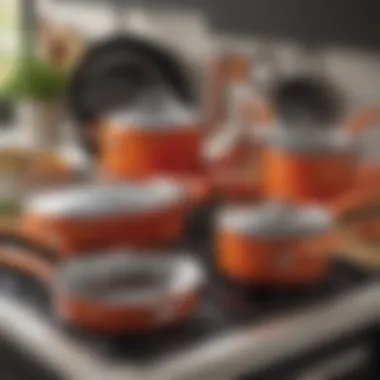 Stylish arrangement of Rachael Ray cookware set with vibrant handles and modern design.