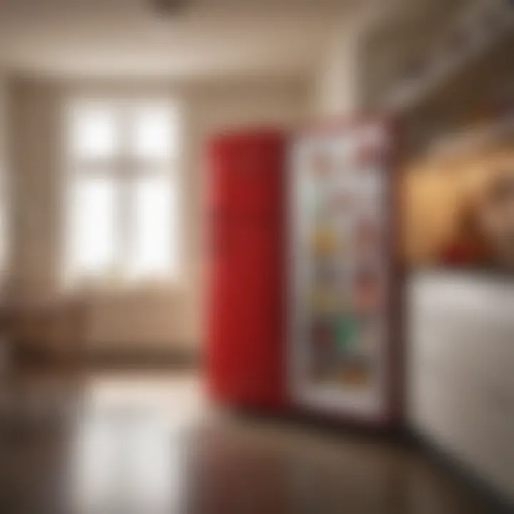 Interior view of a spacious red retro refrigerator