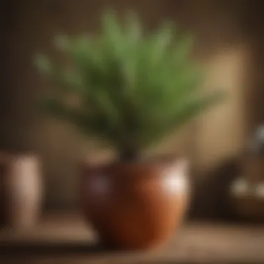 A vibrant rosemary plant in a rustic pot