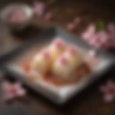 Exquisite Presentation of Sakura Mochi A beautifully arranged sakura mochi showcasing the delicate cherry blossom leaf.