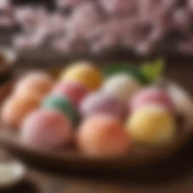 A close-up of the vibrant colors and textures of sakura mochi with a rustic background.