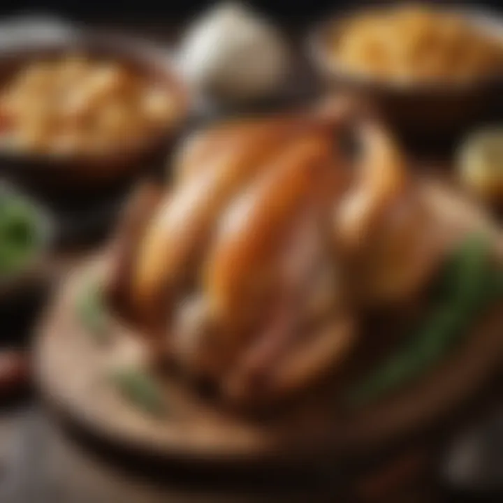Nutritional breakdown of a whole chicken on a wooden table