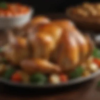 Deliciously roasted whole chicken garnished with fresh vegetables