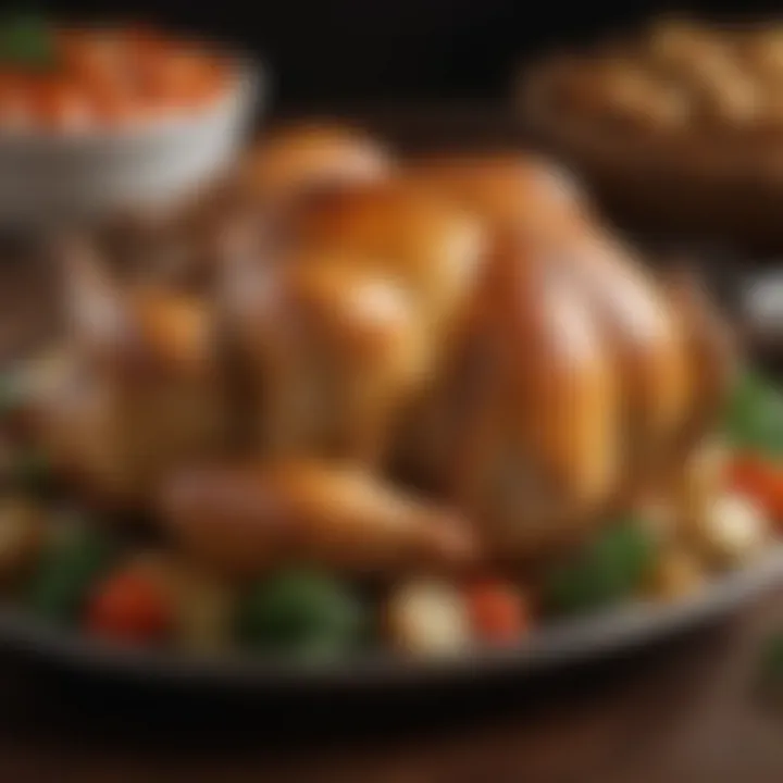 Deliciously roasted whole chicken garnished with fresh vegetables