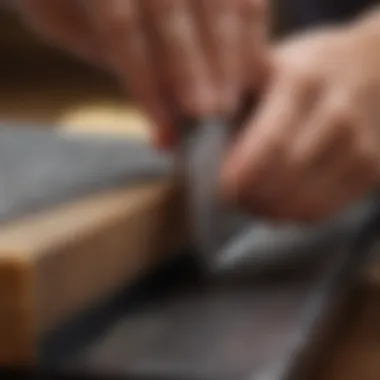 Close-up of a serrated knife being sharpened on a honing rod.