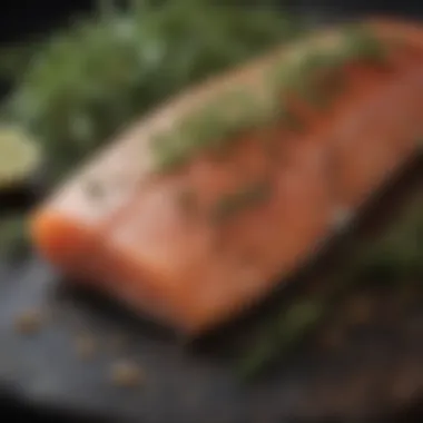 Close-up of smoked steelhead garnished with herbs