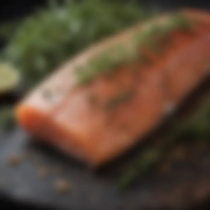 Close-up of smoked steelhead garnished with herbs