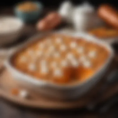 A dish of creamy sweet potato casserole topped with marshmallows