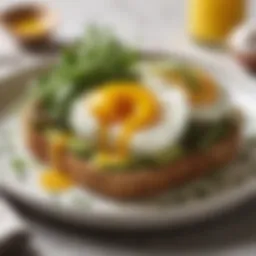 A beautifully plated avocado toast topped with poached eggs and microgreens