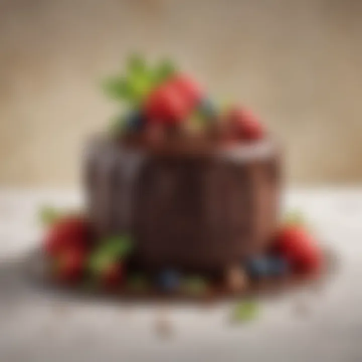 An elegant chocolate cake adorned with fresh berries and mint leaves.