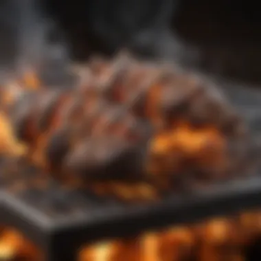 A grill being ignited with mesquite charcoal, highlighting its intense flames and aromatic smoke.