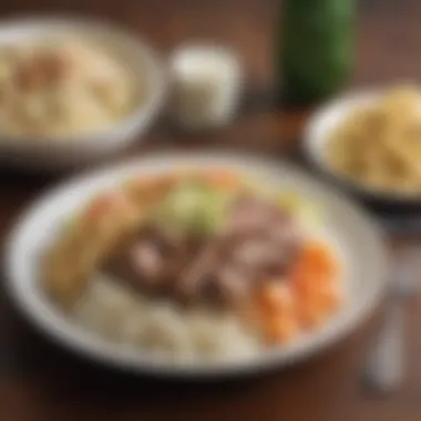 A traditional plate lunch with rice, macaroni salad, and kalua pork