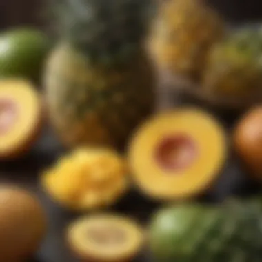 An assortment of tropical fruits including pineapple and mango