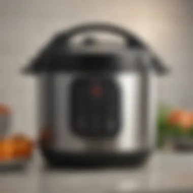 Contemporary Pressure Cooker Design A sleek and modern pressure cooker on a kitchen countertop