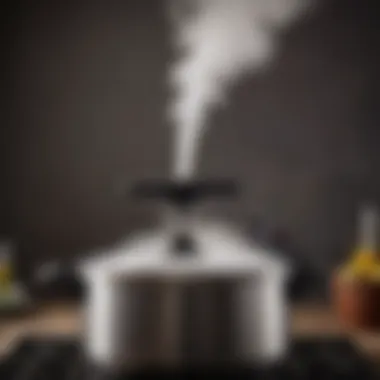 A close-up of a pressure cooker releasing steam