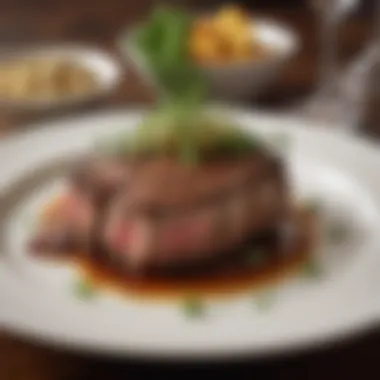 Artful Presentation of Culinary Masterpieces A richly plated steak dish garnished with herbs and sides