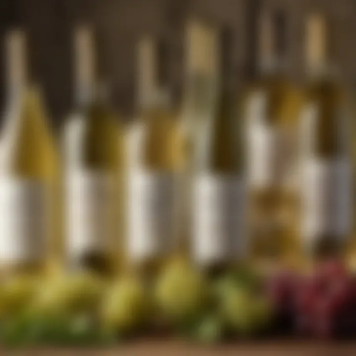 Organic white wine bottles with fresh ingredients as backdrop